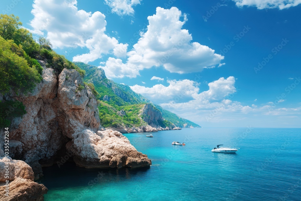 Fototapeta premium A stunning coastal scene with clear turquoise waters, lush greenery, rocky cliffs, and boats gently floating under a vibrant blue sky dotted with fluffy clouds.