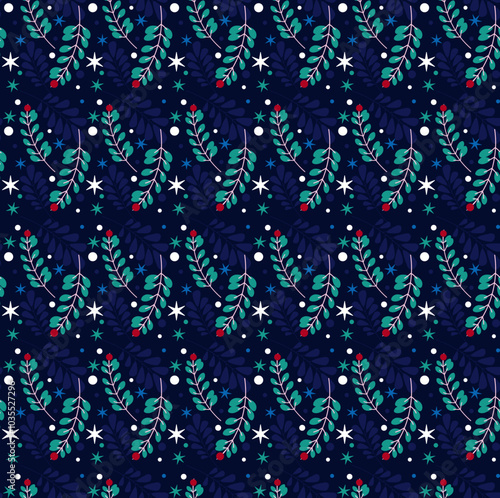 Christmas Seamless Blue Background with Red Berries and Branches. Holiday Backgrounds for Christmas Packaging and Seasonal Design