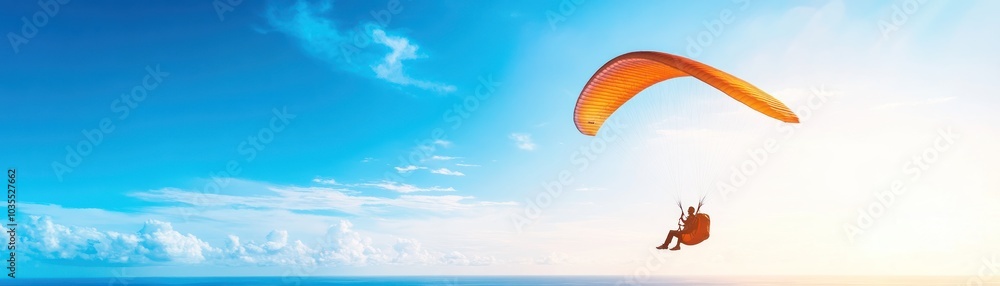 A paragliding enthusiast soars through a vibrant blue sky, captured against a breathtaking backdrop of sunlit clouds.