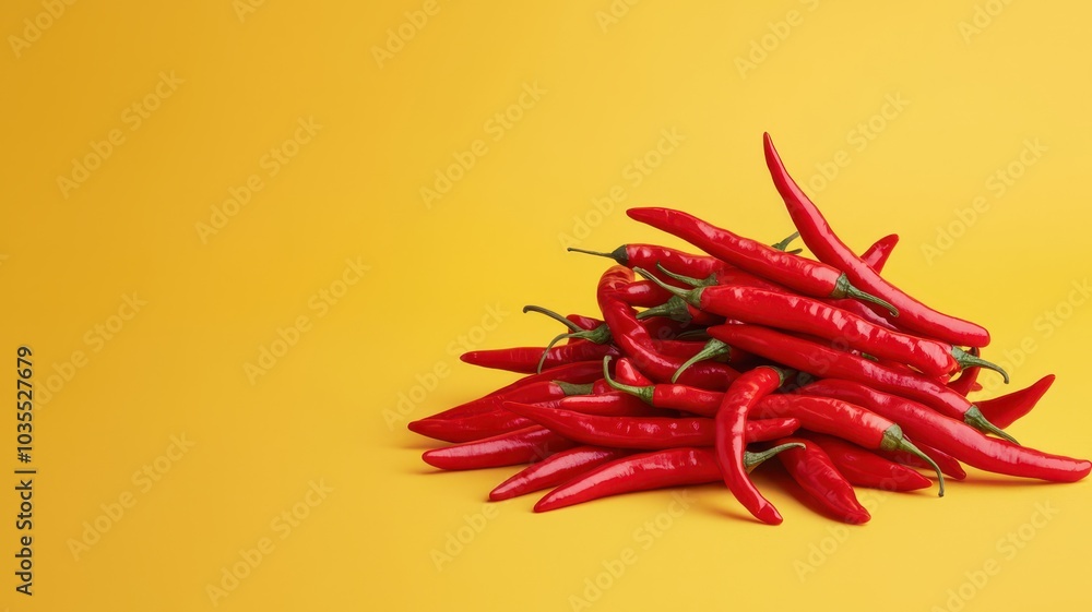 Fresh red chili peppers stacked on a vibrant yellow background. Fresh red chili peppers stacked on a vibrant yellow background.