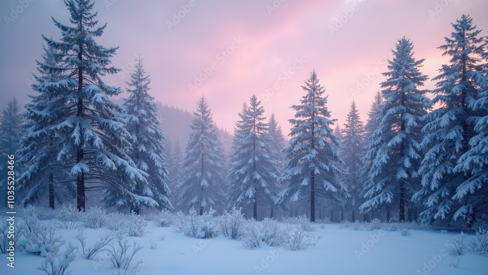 Tranquil snow covered pine forest at dusk with falling snowflakes and pastel sky Tranquil snow covered pine forest at dusk with falling snowflakes and pastel sky