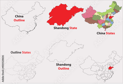 Shandong map vector of China, Shandong line map, Shandong with city map, Shandong outline map