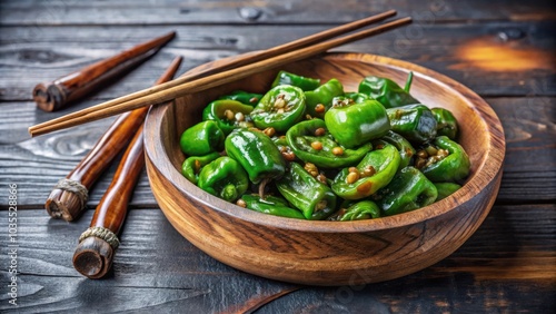 Wallpaper Mural A wooden bowl filled with glistening green peppers, a culinary delight, prepared with care, ready to be enjoyed with chopsticks. Torontodigital.ca