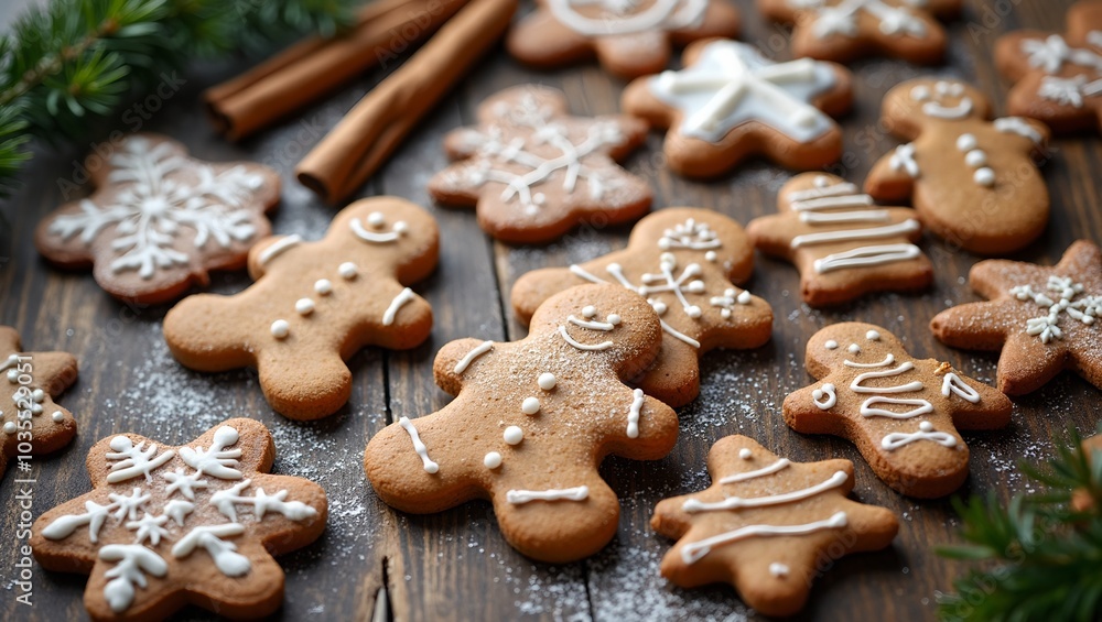 Festive gingerbread cookies on wooden table with cinnamon and pine Festive gingerbread cookies on wooden table with cinnamon and pine