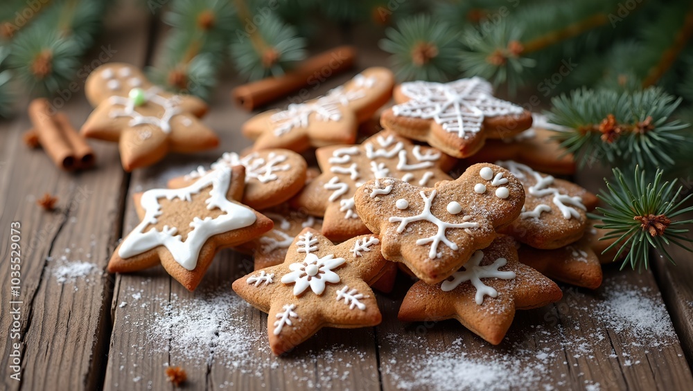 Festive gingerbread cookies on wooden table with cinnamon and pine Festive gingerbread cookies on wooden table with cinnamon and pine