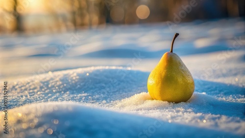 A lone pear rests on a bed of freshly fallen snow, bathed in the golden glow of the setting sun. photo