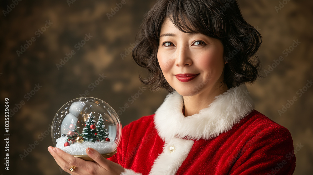 Naklejka premium 雪のグローブを持つサンタの大人女性