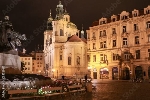 Night photo of Prague street, gothic style.