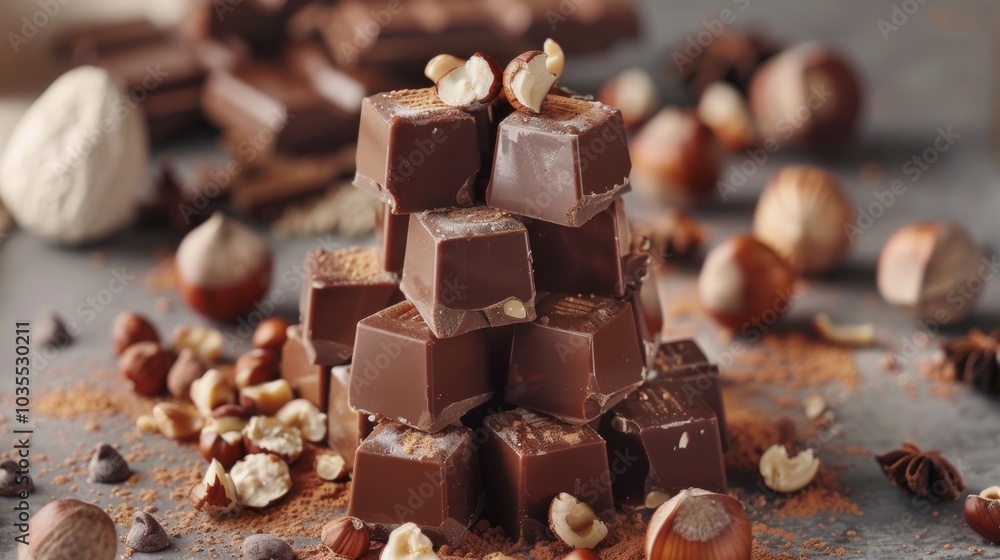 Hazelnut milk chocolate cubes with pieces of nuts. Tower made of stacked hazelnut chocolate cubes with nuts Hazelnut milk chocolate cubes with pieces of nuts. Tower made of stacked hazelnut chocolate cubes with nuts