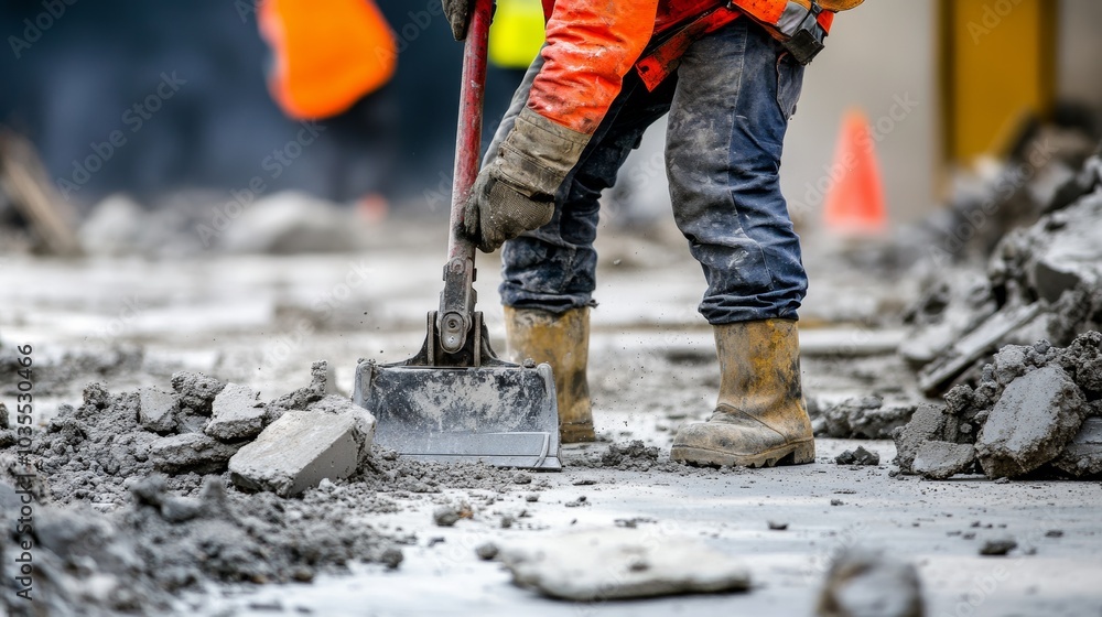 Fototapeta premium A construction worker using a jackhammer to break up old concrete for demolition and removal, Demolition preparation scene, Concrete removal style