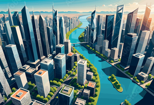 Aerial View of Modern City with Skyscrapers and River