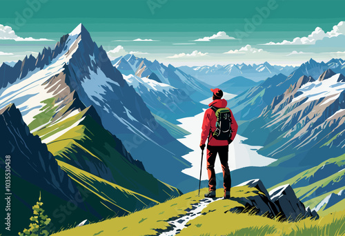 Hiker Admiring Majestic Snow-Capped Mountain Peaks