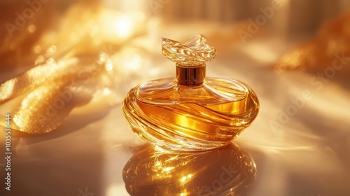 Detailed shot of a glass perfume bottle with golden liquid inside. Soft reflections on the glass surface and warm light highlighting the elegant curves and crystal-clear transparency.