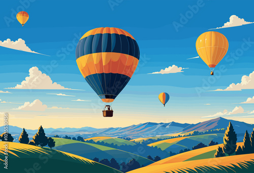 Colorful Hot Air Balloons Floating in Clear Blue Sky