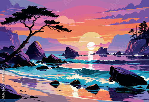 Vibrant Coastal Sunset with Waves and Silhouetted Tree