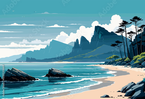 Tranquil Coastal Beach with Waves and Distant Mountains