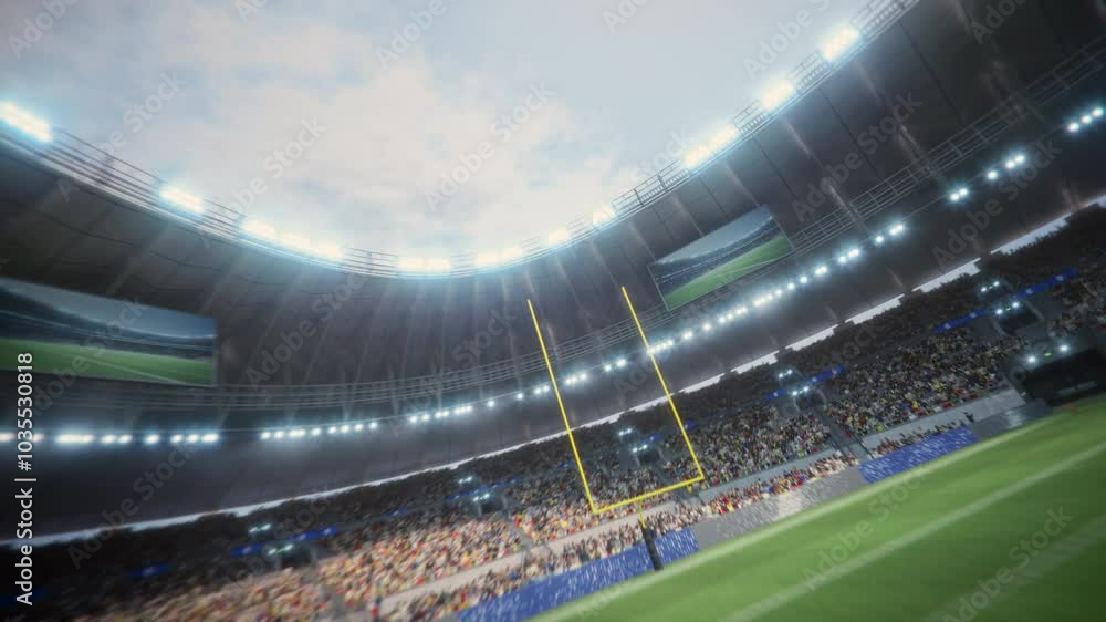 Day Aerial View of a Massive American Football Stadium. Thousands of Spectators Fill the Standsm, Field With Yard Lines and Goalposts, Ready for a Major Sport Event. 360 Degree Orbital Cinematic Shot Day Aerial View of a Massive American Football Stadium. Thousands of Spectators Fill the Standsm, Field With Yard Lines and Goalposts, Ready for a Major Sport Event. 360 Degree Orbital Cinematic Shot