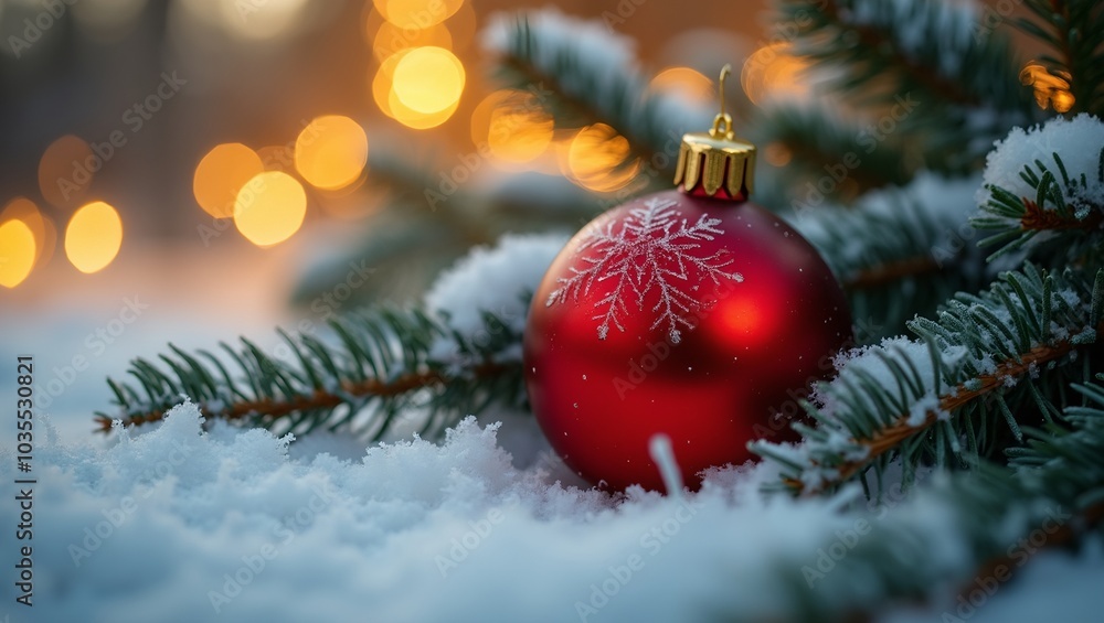 Vibrant red ornament on snowy pine branches with golden bokeh lights
