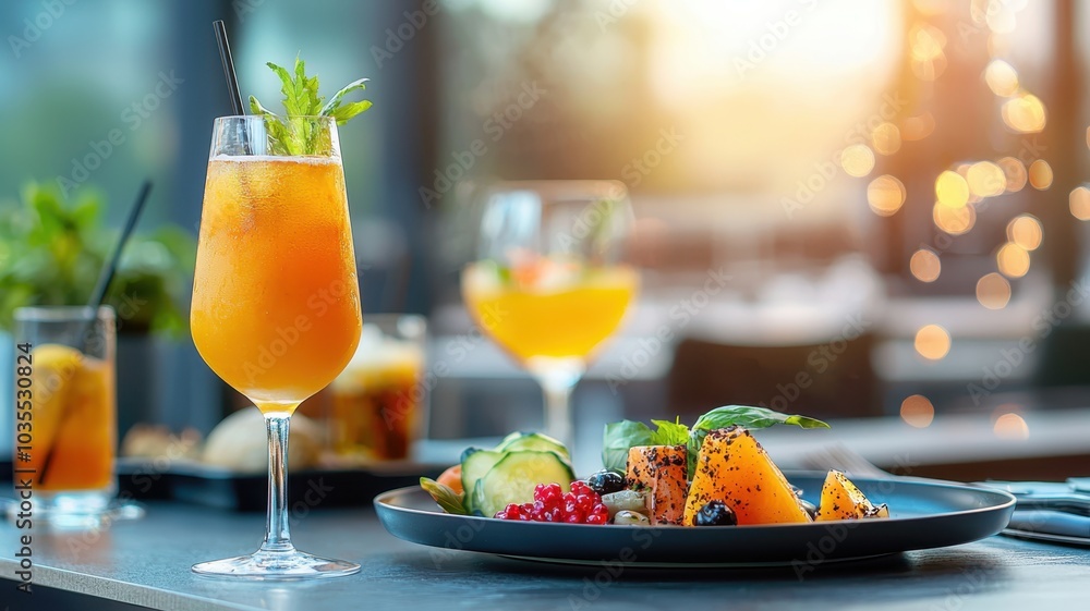 Fototapeta premium Spooky Brunch Delights: Halloween-Themed Bar Event with Festive Drinks and Playfully Decorated Plates