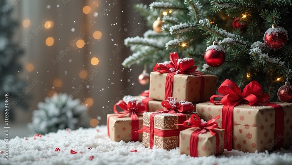 Festive Christmas gifts under snow covered tree Festive Christmas gifts under snow covered tree