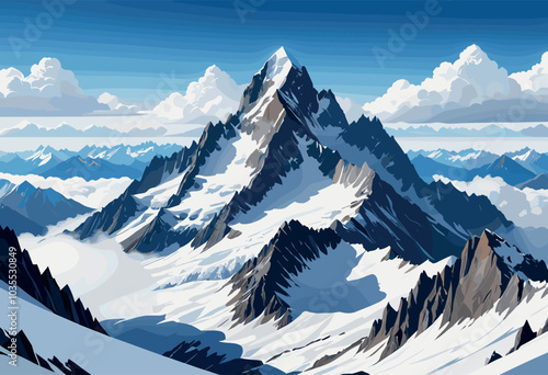 Majestic Snow-Capped Mountain Peaks under Clear Blue Sky