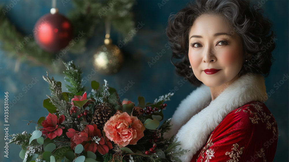 ヴィンテージサンタの女性と冬の花 ヴィンテージサンタの女性と冬の花
