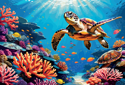 Colorful Sea Turtle Swimming Among Vibrant Coral Reef photo