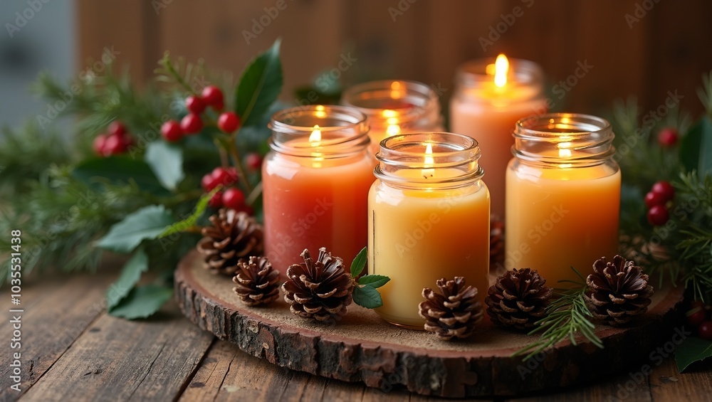 Cozy Christmas candles with pinecones and holly on wooden table Cozy Christmas candles with pinecones and holly on wooden table
