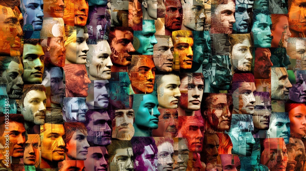 Fototapeta premium Vibrant abstract collage of diverse human faces in various sizes and shapes, layered creatively to symbolize the richness of the human race and its interconnectedness