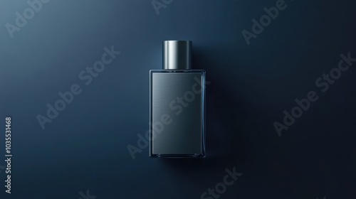 Sharp and clean men's perfume bottle with a rectangular, brushed steel design, set against a muted navy blue background. A premium mockup for modern scents.