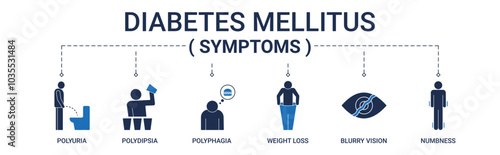 Diabetes Mellitus Symptoms banner with polyuria, polydipsia, polyphagia icon concept illustration
