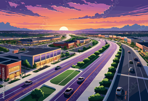 Vibrant Sunset over Suburban Road with Shopping Centers