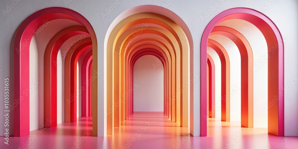 Fototapeta premium A Geometric Corridor of Colorful Arched Pathways Leading to a Bright and Empty Space