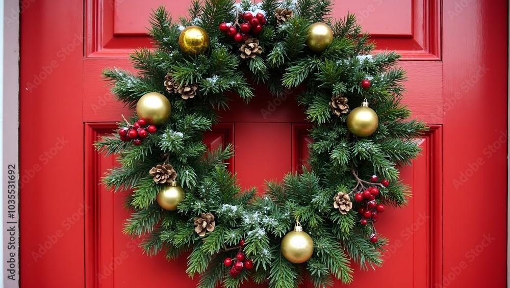 Festive Christmas wreath on red door with pine branches red berries golden ornaments and snow Festive Christmas wreath on red door with pine branches red berries golden ornaments and snow