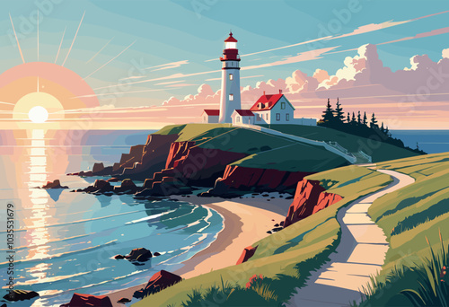 Scenic Lighthouse Overlooking Sunset on Coastal Cliffs