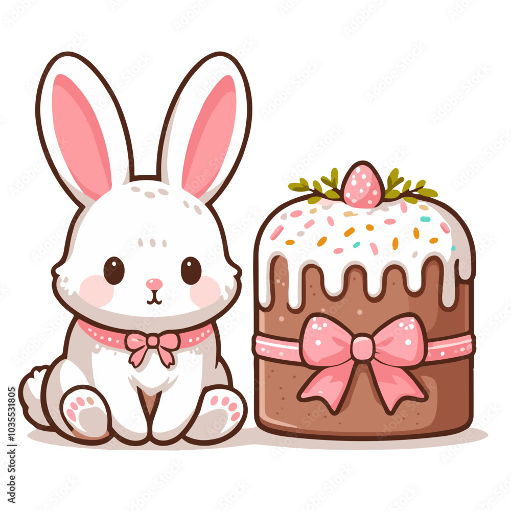 Obraz premium Easter bunny and Easter cake with a bow, festive spring clipart, PNG
