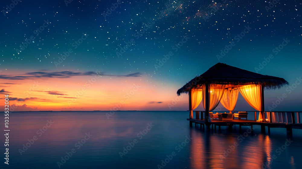 Peaceful overwater cabana at sunset under a starry sky Peaceful overwater cabana at sunset under a starry sky