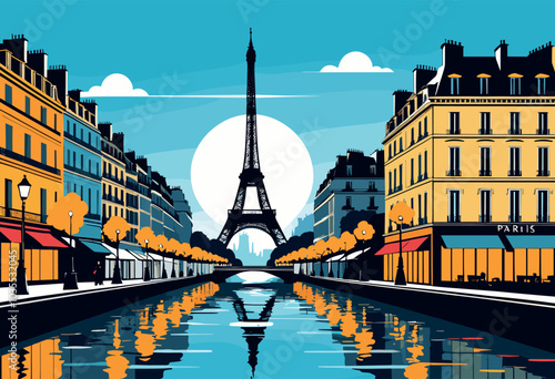 Parisian Street at Sunset with Eiffel Tower Reflection