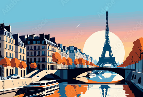 Parisian Street at Sunset with Eiffel Tower Reflection