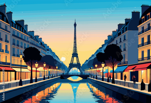 Parisian Street at Sunset with Eiffel Tower Reflection