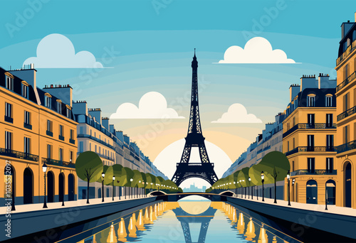 Parisian Street at Sunset with Eiffel Tower Reflection
