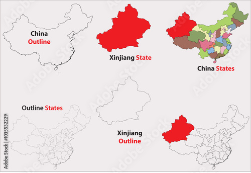 Xinjiang map vector of China, Xinjiang line map, Xinjiang with city map, Xinjiang outline map