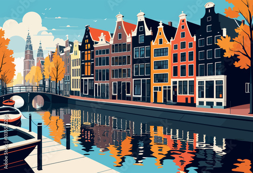 Autumn Scene of Amsterdam Canal with Reflections