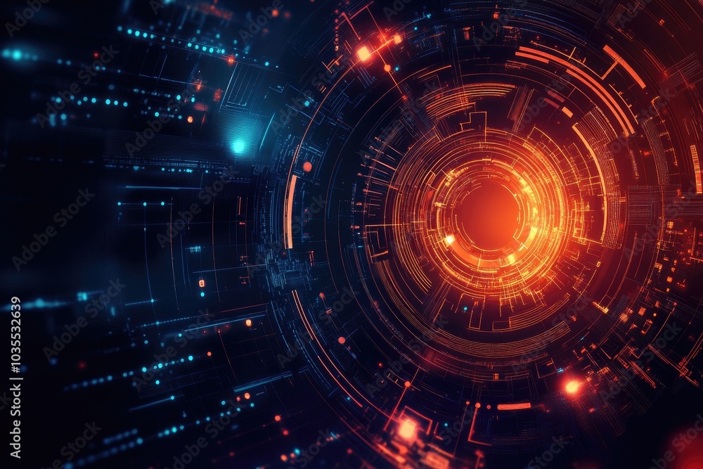 Futuristic abstract digital background featuring glowing circles and lines in vibrant colors for technology themes. Futuristic abstract digital background featuring glowing circles and lines in vibrant colors for technology themes.
