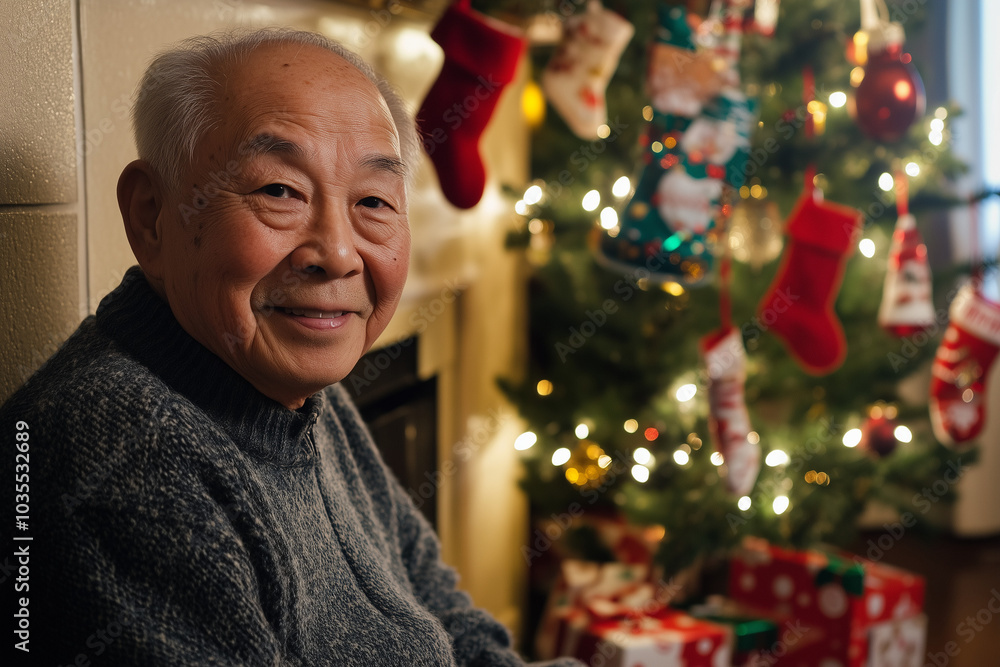 Elderly man sitting by the Christmas tree, smiling warmly. Elderly man sitting by the Christmas tree, smiling warmly.