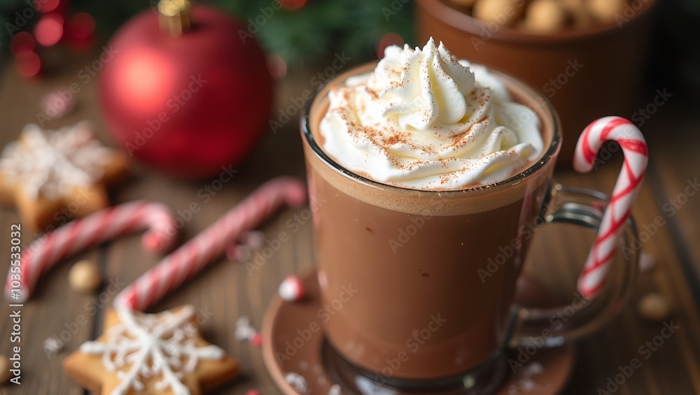 Festive hot chocolate with whipped cream candy canes and cookies on wooden table Festive hot chocolate with whipped cream candy canes and cookies on wooden table