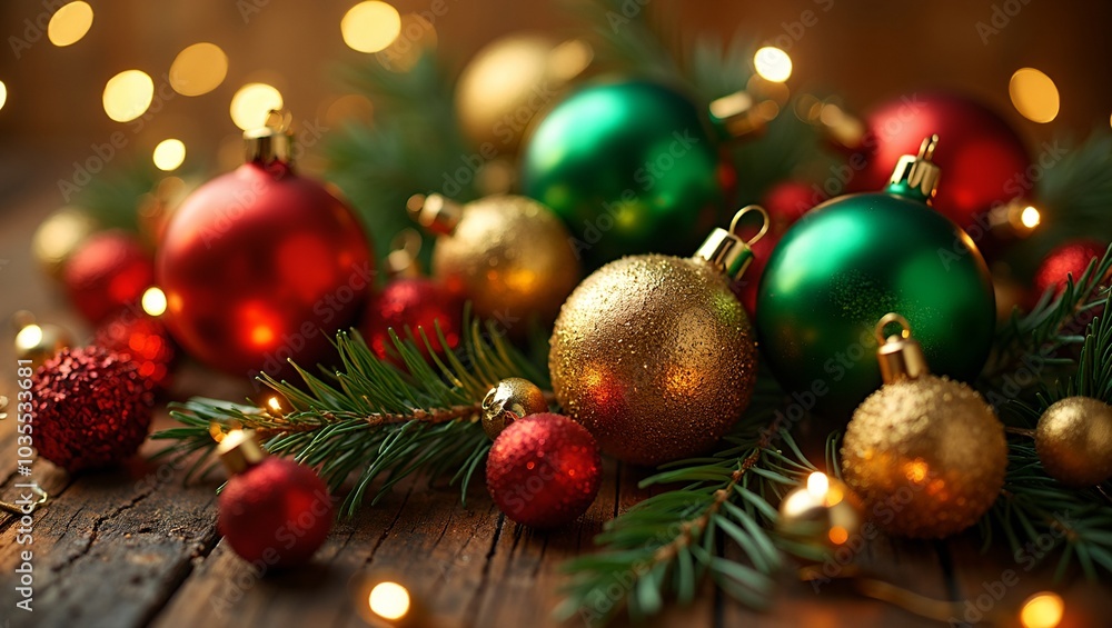 Vibrant Christmas ornaments on pine branches with fairy lights Vibrant Christmas ornaments on pine branches with fairy lights