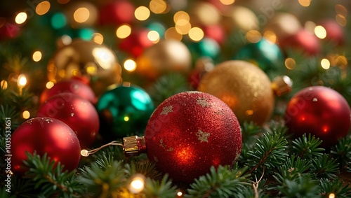 Vibrant Christmas ornaments on pine branches with fairy lights