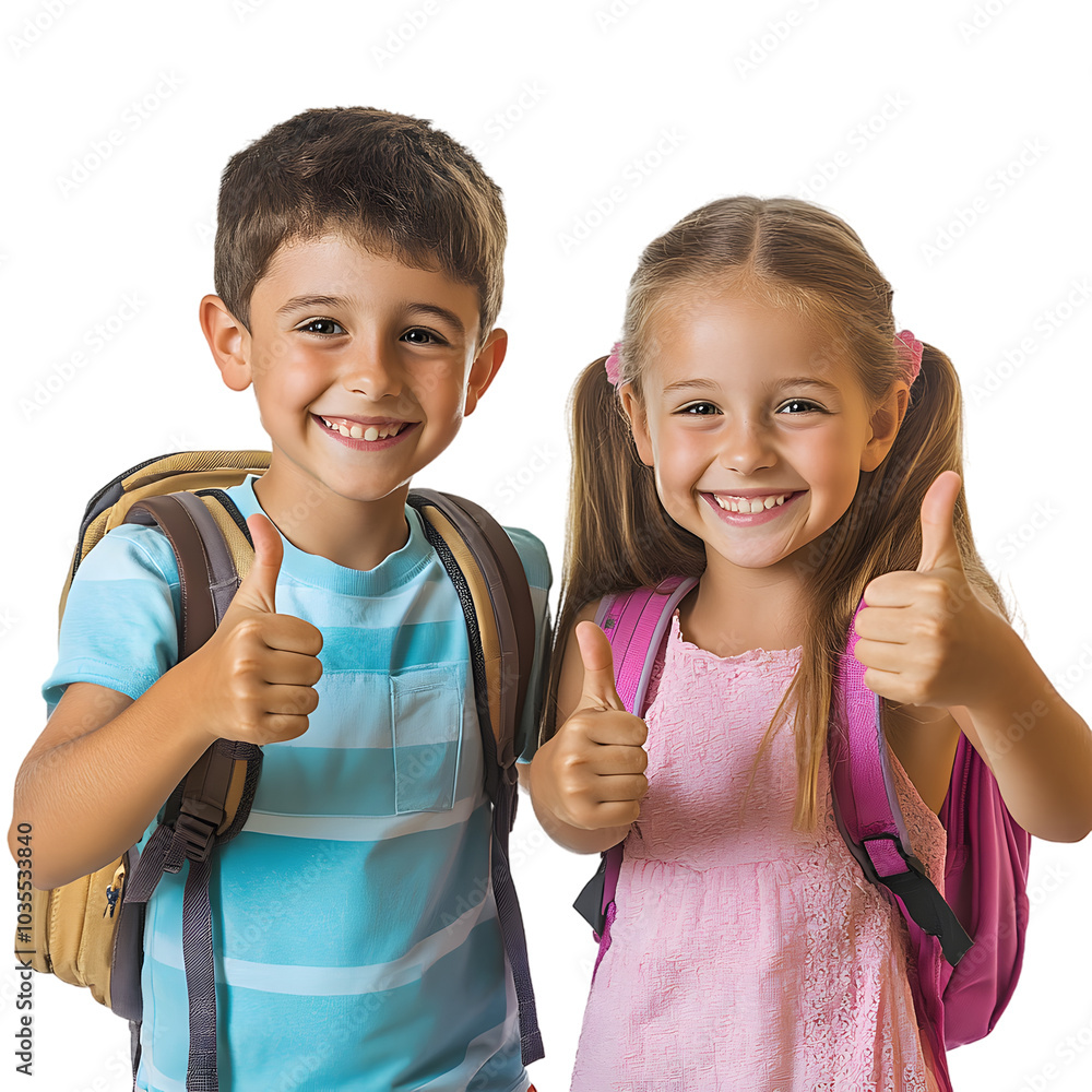 Happy School Children with Backpacks Giving Thumbs Up on Transparent Background Happy School Children with Backpacks Giving Thumbs Up on Transparent Background
