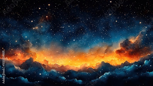 Design of a black night sky full of stars, top view, astronomy theme, watercolor, bright.